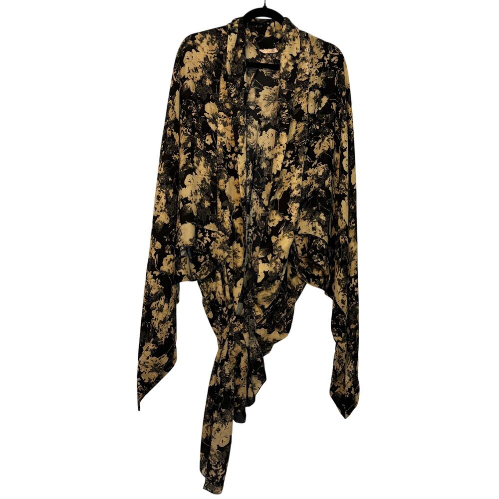 Ciel USA Semi Sheer Waterfall Drape Kimono Abstract Floral Chiffon Artwear